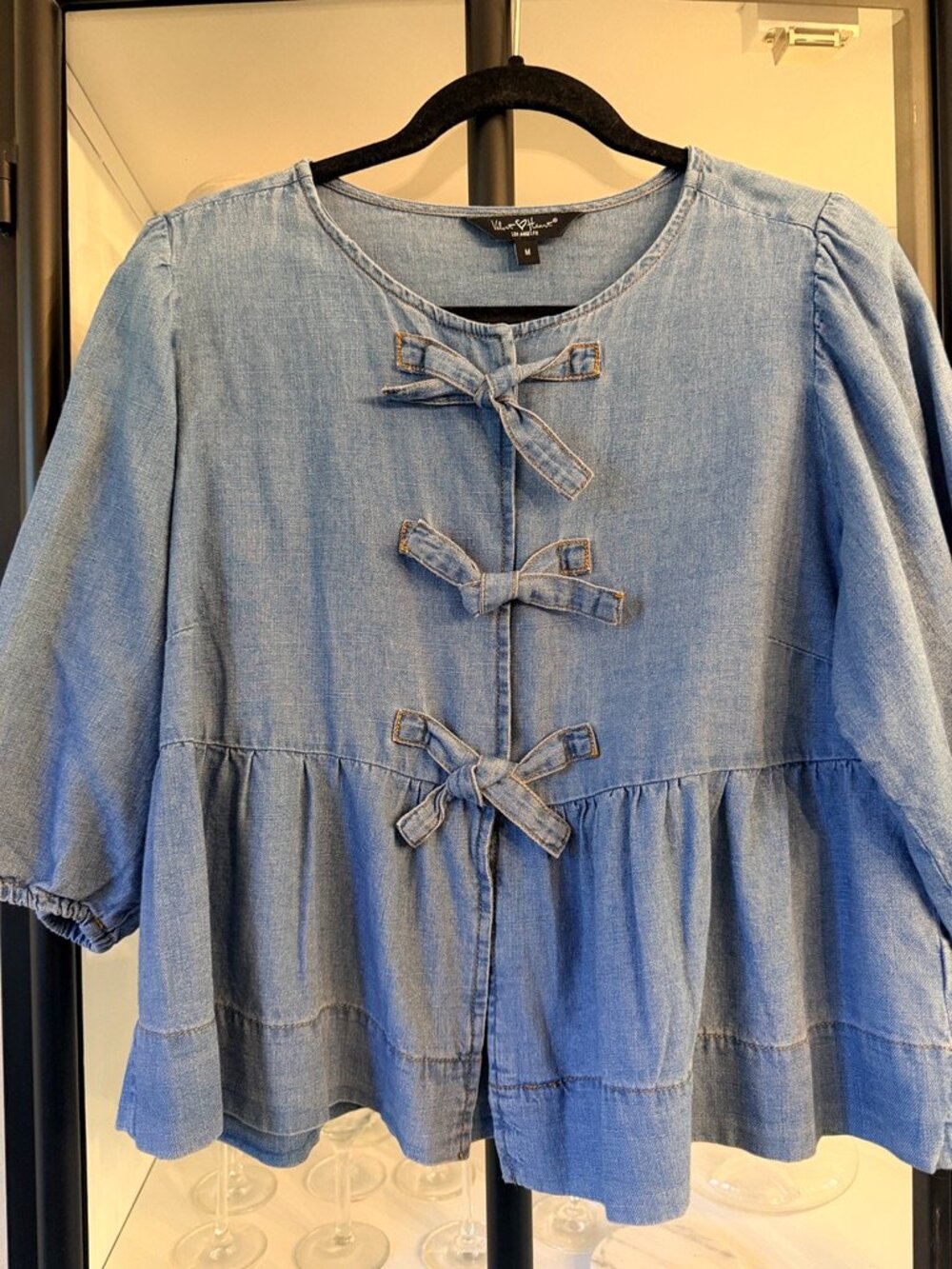 Velvet Heart Denim Triple Bow Front Peplum Babydoll Blouse Top Medium M